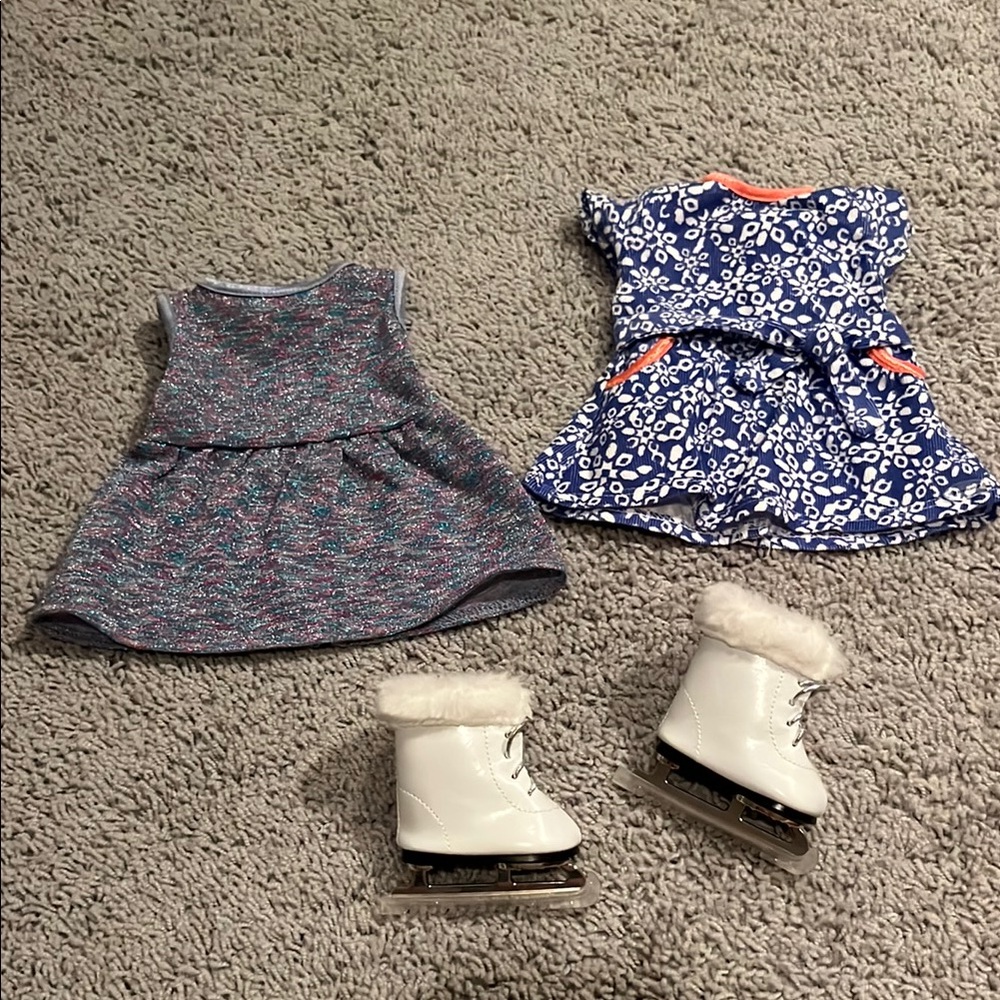 American Girl Doll Dresses and Ice Skates Set - Blue, White, Multicolor
